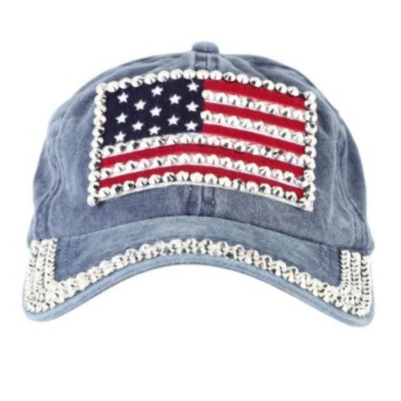 NEW USA Flag Rhinestone Hat Denim Blue by Twig & Arrow!NWT! - Picture 2 of 9